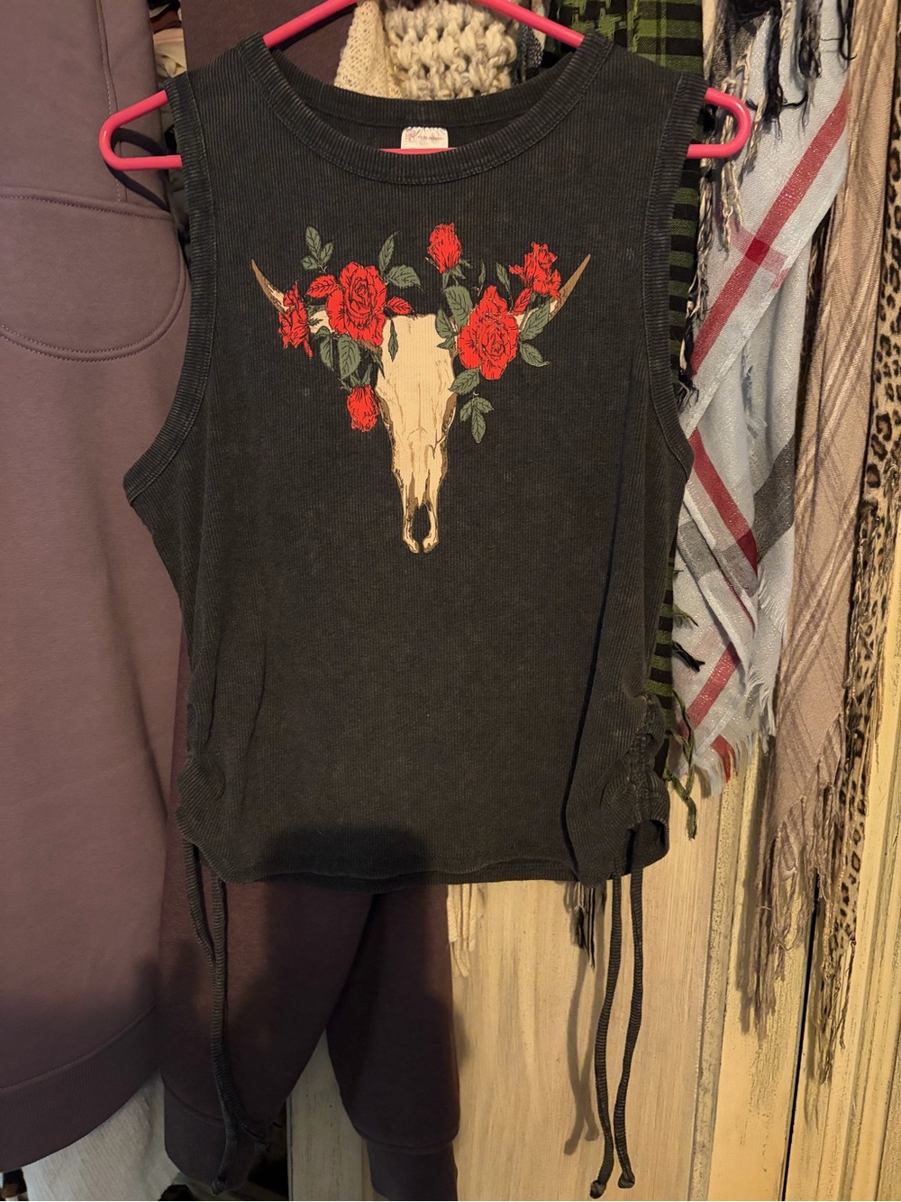 No Boundaries Black Muscle Tee with Red Rose and Skull Graphic